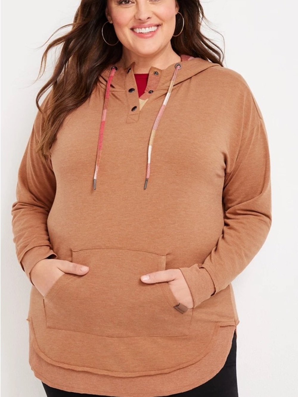 Maurices Brown Hooded Hooded Sweatshirt with Plaid Trim - Picture 2 of 7
